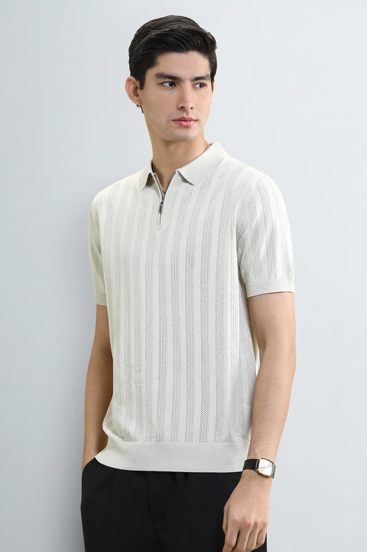 Cream Knitted Polo with Quarter-Zip Collar