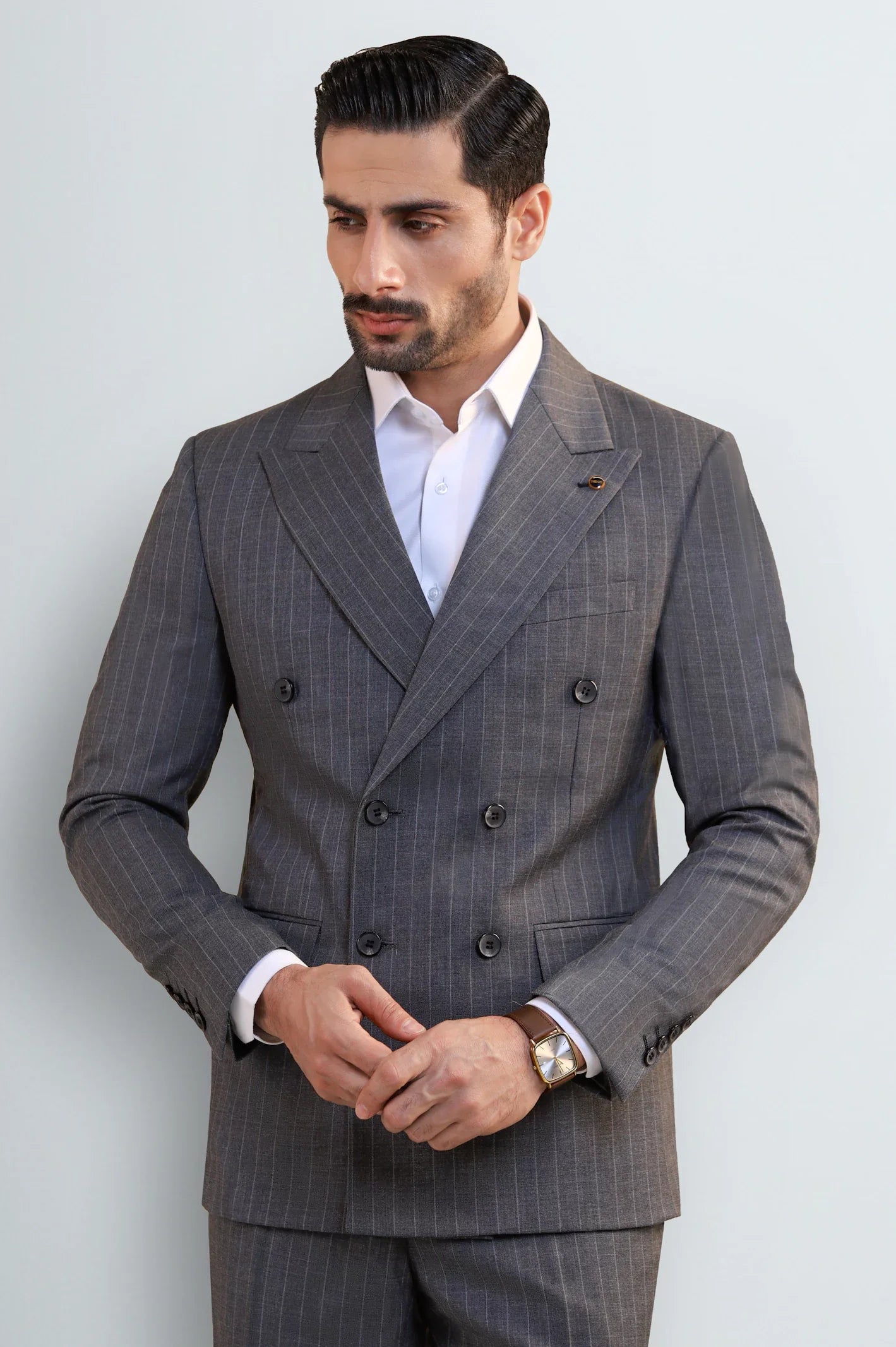 Men's Grey Pinstripe Double-Breasted Suit