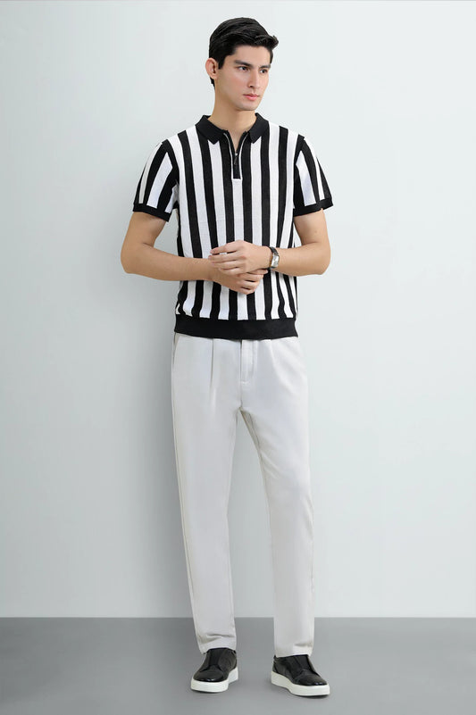 Men's Black Striped Flat Knit Polo