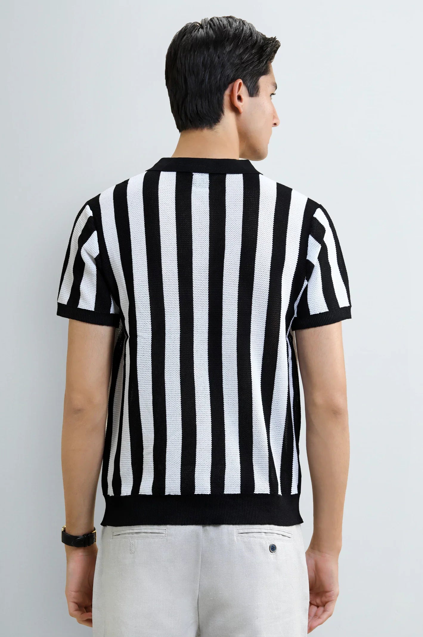 Men's Black Striped Flat Knit Polo