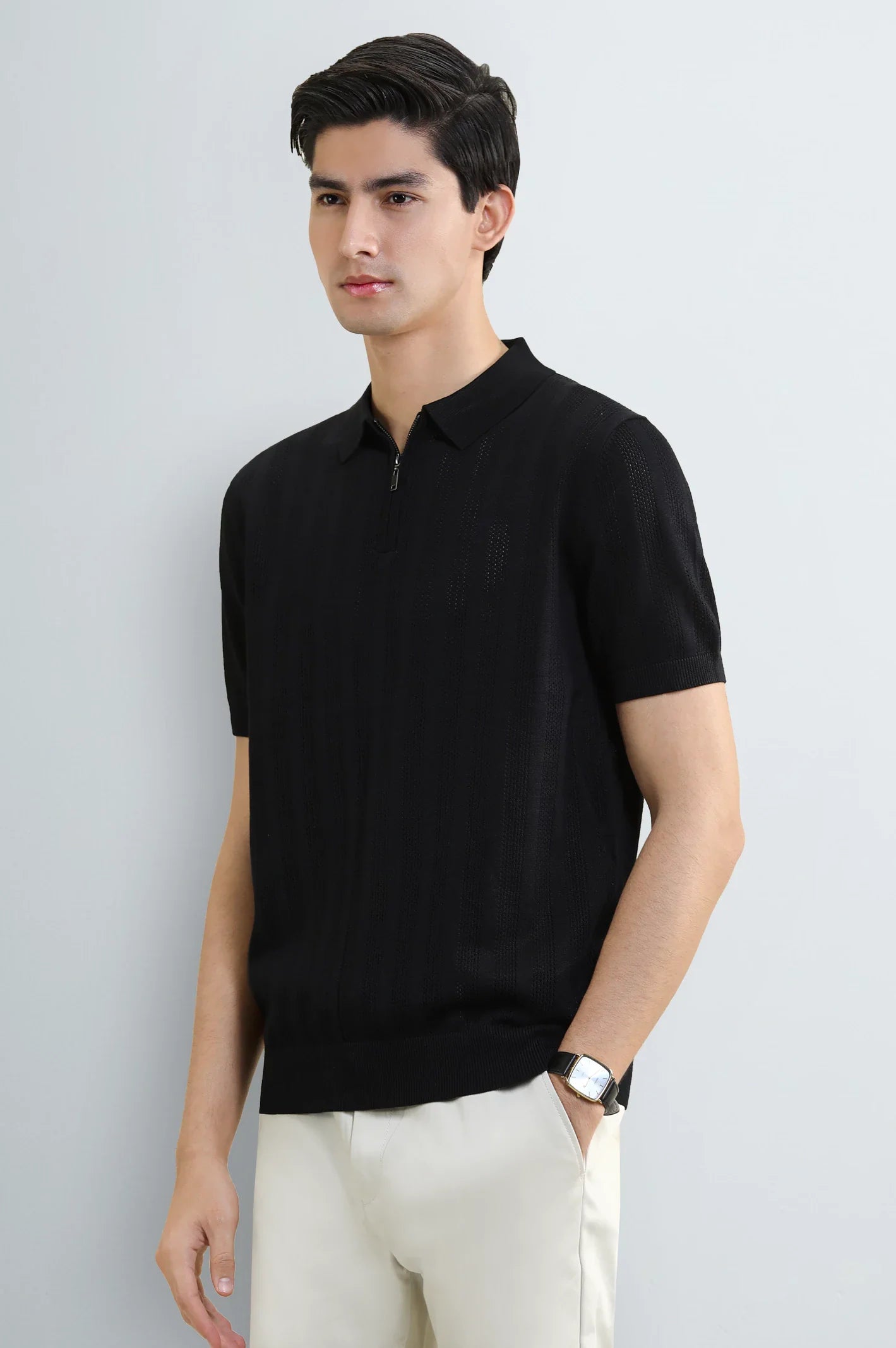 Black Knitted Polo with Quarter-Zip Collar