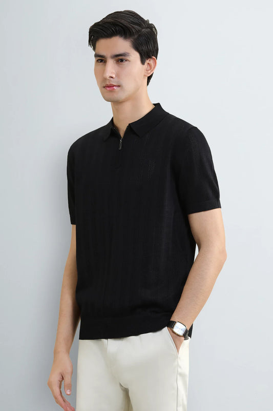 Black Knitted Polo with Quarter-Zip Collar