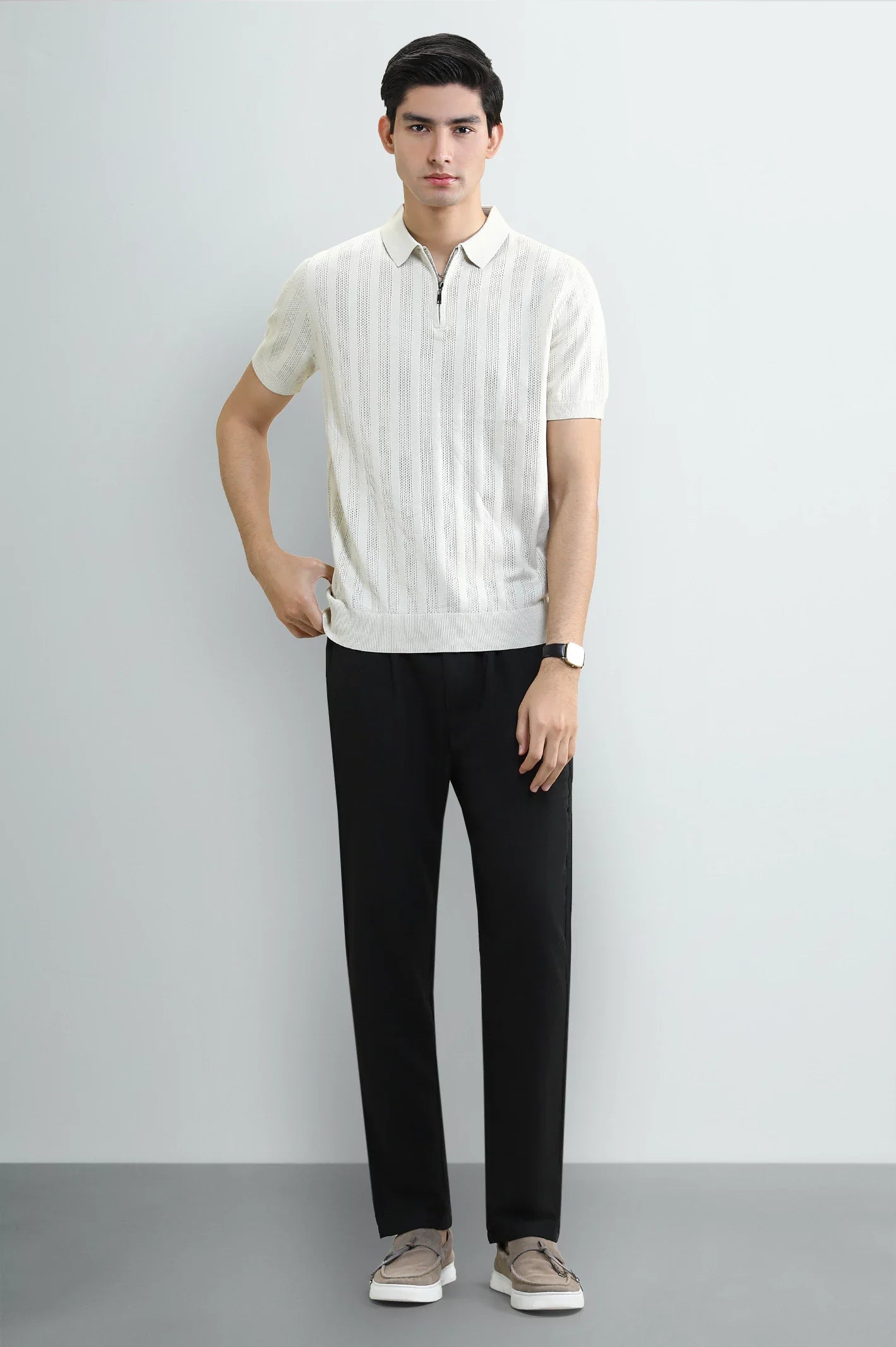 Cream Knitted Polo with Quarter-Zip Collar