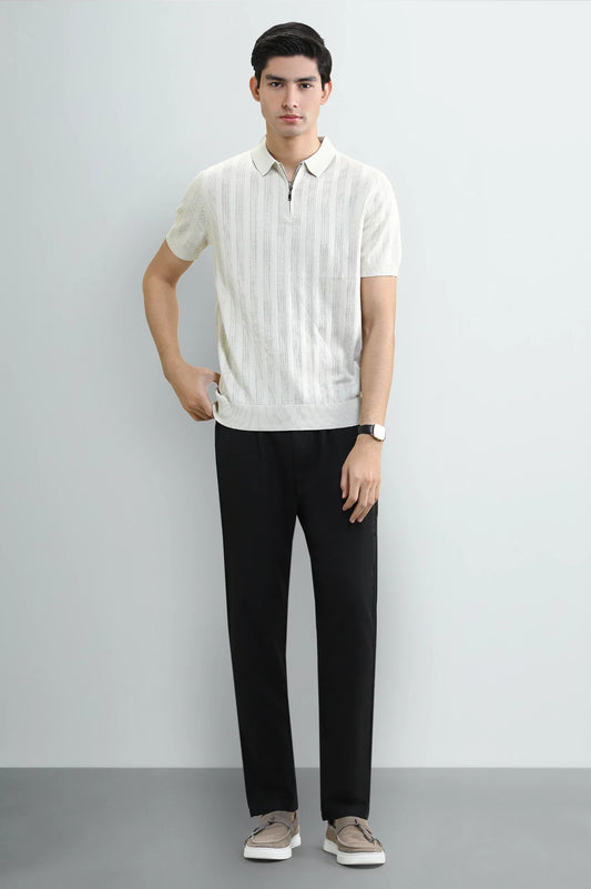 Cream Knitted Polo with Quarter-Zip Collar